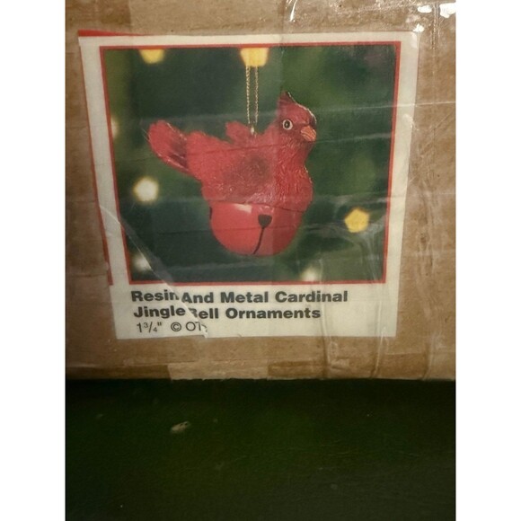 VINTAGE 90s Set of 12 Cardinal Bird Jingle Bell Ornaments Resin & Metal NOS - Picture 2 of 8